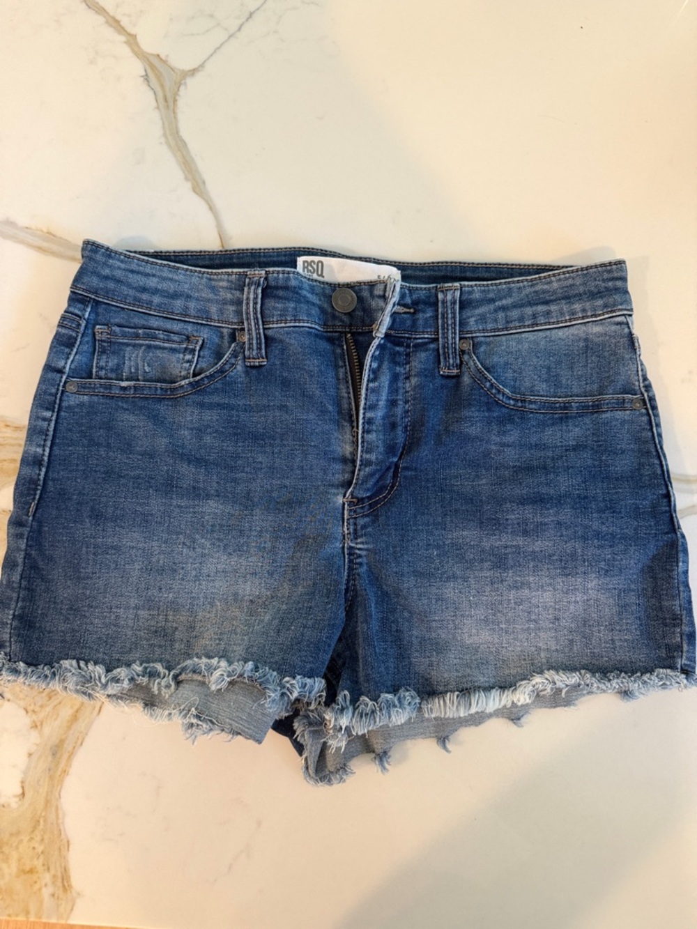RSQ Women's Mid-Rise Frayed Hem Jean Shorts in Blue Denim